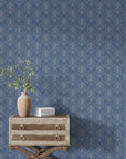 Navy and cream damask Afternoon Arbor peel and stick wallpaper in traditional living room setting