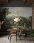 Classical Alpine Vista landscape mural wallpaper featuring river valley and hilltop ruins in dining room setting