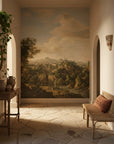 Classical Italian landscape mural wallpaper featuring hillside village and golden sunset tones in Mediterranean style