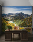 High-altitude vista with blue sky and golden terrain on peel and stick mural