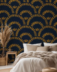 Navy blue and gold wallpaper featuring a geometric arch pattern, easily applied with peel-and-stick backing, named Amber Arches