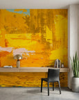 Amber Blaze golden abstract expressionist wallpaper in a warm and inviting living room