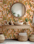 A warm botanical presentation of big, artistic flowers colored in shades of burnt orange and gold wallpaper