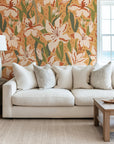 A warm floral arrangement created by big, painterly blooms colored in terracotta and amber hues wallpaper