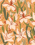 Oversized floral elements rendered in rich terracotta and amber tones create this warm, painterly display wallpaper
