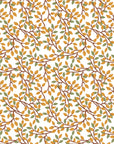Amber and green foliage pattern displayed on white botanical wall covering