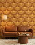 Amber Glow warm golden abstract wallpaper creating ambiance in a serene bathroom