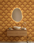Amber Glow warm golden abstract wallpaper as a feature wall in a bright home office