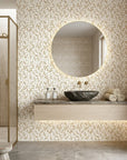 Amber Leaf gold botanical wallpaper as a feature wall in a bright home office