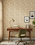 Amber Leaves neutral abstract wallpaper adding character to a cozy bedroom