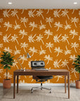 Amber Palms retro palm wallpaper as a feature wall in a bright home office