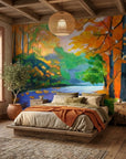Amber River autumn landscape painterly wallpaper in a warm and inviting living room