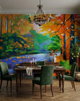 Amber River autumn landscape painterly wallpaper adding character to a cozy bedroom
