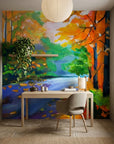 Amber River autumn landscape painterly wallpaper as a feature wall in a bright home office