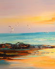 Amber Shore coastal sunset painterly wallpaper creating ambiance in a serene bathroom