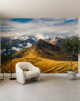 Warm amber mountain ridge landscape with shadow and light play on removable wallpaper