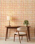 Amber Weave rustic orange plaid wallpaper enhancing the charm of a stylish dining room