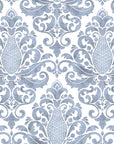 Elegant French blue damask wallpaper with ornate scrollwork and pineapple motifs in Amber Blossom Ballet pattern