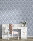 Slate blue and cream Amber Blossom Ballet damask wallpaper in elegant vanity room setting