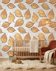 Ancient Ground beige botanical leaf wallpaper creating ambiance in a serene bathroom