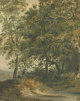 Pastoral Ancient Woodland wallpaper featuring green forest trees and shepherd with sheep in classical style