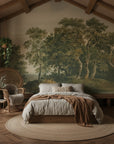 Ancient Woodland mural wallpaper featuring vintage forest scene in sage green and taupe tones on bedroom wall