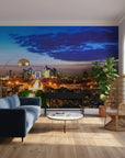 Paris skyline at dusk removable wallpaper mural in modern living room with dramatic blue clouds