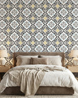 Andalusian Court blue and gold tile peel and stick wallpaper in a warm and inviting living room