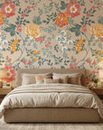 Anemone Drift vintage floral peel and stick wallpaper in a warm and inviting living room