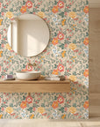 Anemone Drift vintage floral peel and stick wallpaper as a feature wall in a bright home office