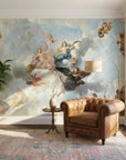 Classical Renaissance fresco Angels Above wallpaper with cherubs on clouds in blue sky, shown in elegant living room