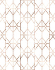 A repeating geometric grid pattern of Art Deco lines in rose gold, set against a gentle white backdrop.