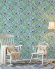 Aqua Folk Garden blue floral peel and stick wallpaper in a warm and inviting living room