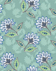 Aqua Folk Garden blue floral peel and stick wallpaper creating ambiance in a serene bathroom