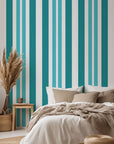 Teal and white self-adhesive, removable wallpaper featuring a vertical stripe design