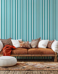 Self-adhesive wall covering featuring vertical teal and white stripes (Aqua Rhythm)
