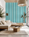 Self-adhesive wallpaper featuring vertical stripes in teal and white, style named Aqua Rhythm