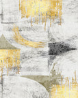 Arc & Gold grey and gold abstract geometric wallpaper creating ambiance in a serene bathroom