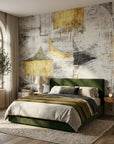 Arc & Gold grey and gold abstract geometric wallpaper in a warm and inviting living room