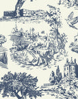 Traditional blue and white toile de Jouy self-adhesive wallpaper featuring pastoral scenes