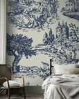 Traditional blue and white Toile de Jouy self-adhesive wallpaper featuring a rustic pastoral scene