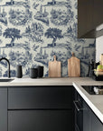 Blue and white pastoral toile pattern on removable peel and stick wallpaper