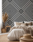 Self-adhesive wall covering featuring a black and grey geometric design of nested squares, Ascend Zenith collection