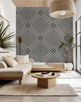 Grey and black geometric peel and stick wallpaper displaying a concentric square motif - Ascend Zenith