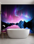 Ethereal pink and electric blue aurora borealis on arctic landscape removable wall mural