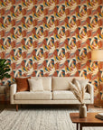 Autumn Abstract Swirl retro cubist wallpaper in a warm and inviting living room