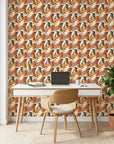Autumn Abstract Swirl retro cubist wallpaper as a feature wall in a bright home office