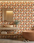 Autumn Abstract Swirl retro cubist wallpaper creating ambiance in a serene bathroom