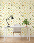 Autumn Gourd whimsical harvest botanical wallpaper as a feature wall in a bright home office