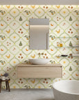 Autumn Gourd whimsical harvest botanical wallpaper creating ambiance in a serene bathroom